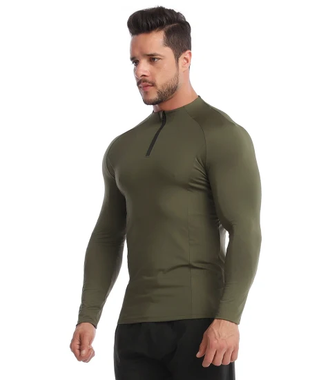 도매 의류 새로운 디자인 남자의 녹색/검정 대비 색상 긴 소매 압축 스포츠 셔츠 위트 하단 분할